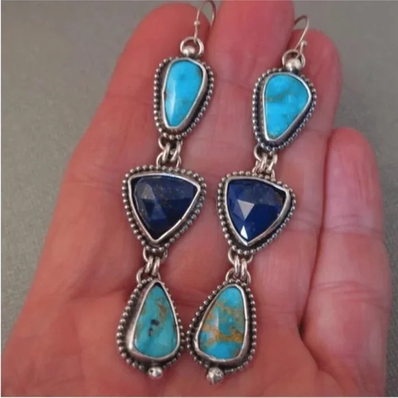 Blue Turquoise Dangle Earrings with Ornate Metalwork - Picture 5 of 6